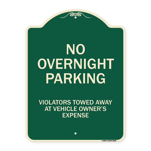 Designer Series-No Overnight Parking, Green Heavy-Gauge Aluminum, 24" x 18", G-1824-9828
